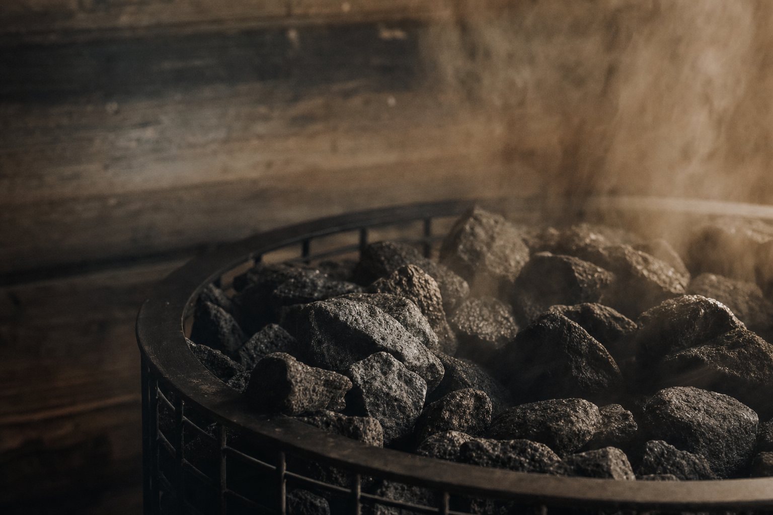 Sauna heater with hot stones and rising steam