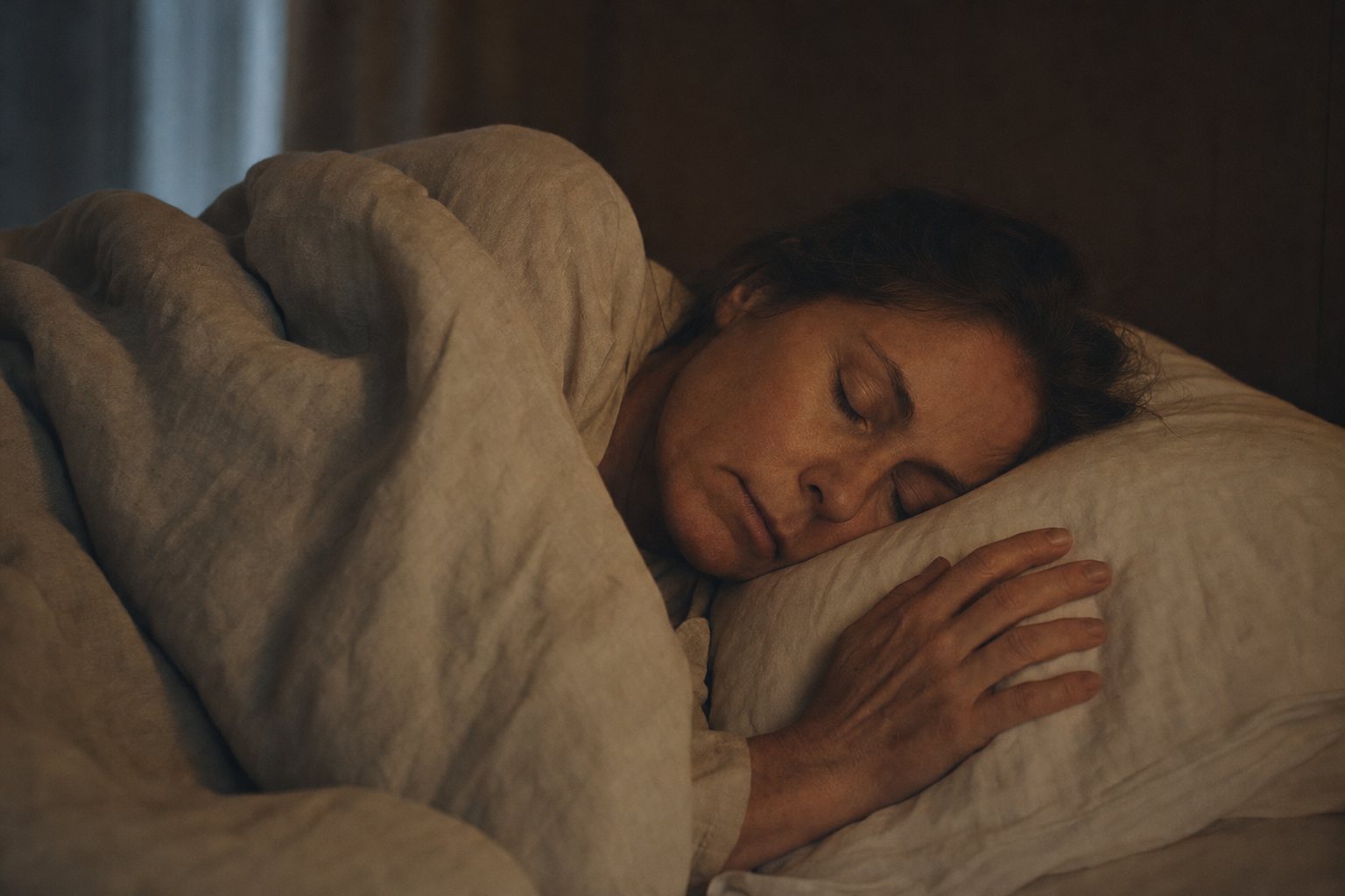 A woman asleep under a duvet in the early morning