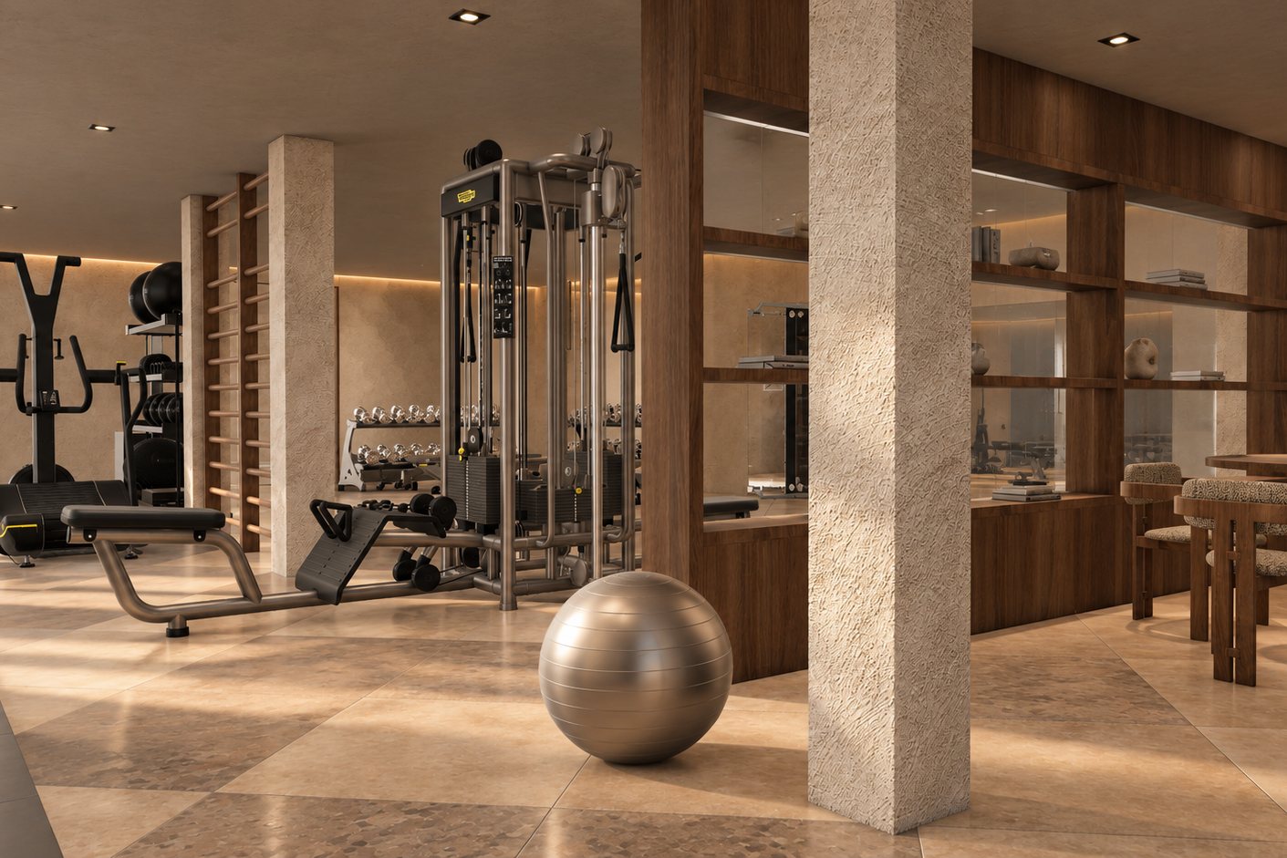 Functional training area with a cable machine and a medicine ball